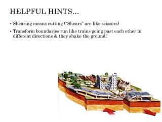  Shearing means cutting (“Shears” are like scissors)
 Transform boundaries run like trains going past each other in
different directions & they shake the ground!
 