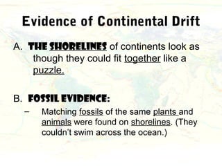 Evidence of Continental Drift
A. The shorelines of continents look as
    though they could fit together like a
    puzzle.

B. Fossil Evidence:
  –   Matching fossils of the same plants and
      animals were found on shorelines. (They
      couldn’t swim across the ocean.)
 