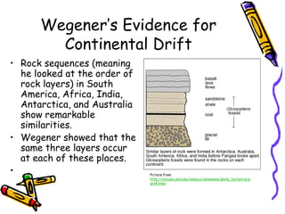 Wegener’s Evidence for
Continental Drift
• Rock sequences (meaning
he looked at the order of
rock layers) in South
America, Africa, India,
Antarctica, and Australia
show remarkable
similarities.
• Wegener showed that the
same three layers occur
at each of these places.
• Picture from
http://volcano.und.edu/vwdocs/vwlessons/plate_tectonics/p
art4.html
 