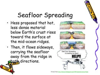 Seafloor Spreading
• Hess proposed that hot,
less dense material
below Earth’s crust rises
toward the surface at
the mid-ocean ridges.
• Then, it flows sideways,
carrying the seafloor
away from the ridge in
both directions.
Picture from http://library.thinkquest.org/17457/platetectonics/4.php
 