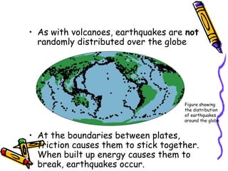 • As with volcanoes, earthquakes are not
randomly distributed over the globe
• At the boundaries between plates,
friction causes them to stick together.
When built up energy causes them to
break, earthquakes occur.
Figure showing
the distribution
of earthquakes
around the globe
 
