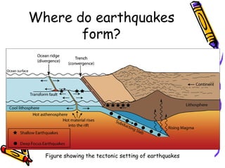 Where do earthquakes
form?
Figure showing the tectonic setting of earthquakes
 
