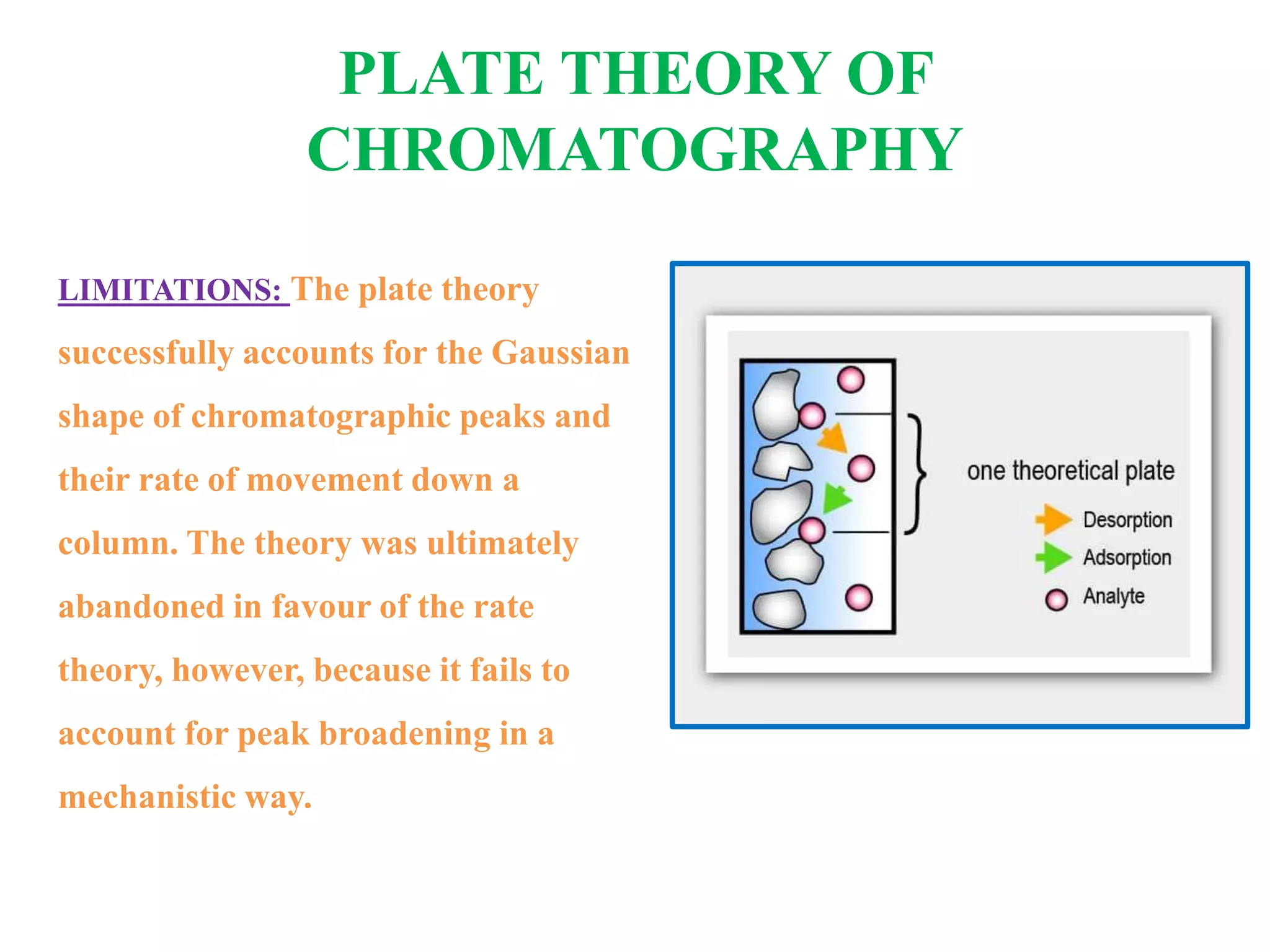 LIMITATIONS: The plate theory
successfully accounts for the Gaussian
shape of chromatographic peaks and
their rate of movement down a
column. The theory was ultimately
abandoned in favour of the rate
theory, however, because it fails to
account for peak broadening in a
mechanistic way.
PLATE THEORY OF
CHROMATOGRAPHY
 
