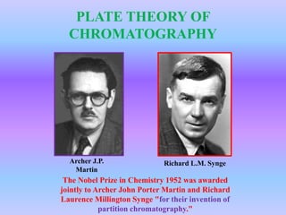 The Nobel Prize in Chemistry 1952 was awarded
jointly to Archer John Porter Martin and Richard
Laurence Millington Synge "for their invention of
partition chromatography."
Richard L.M. SyngeArcher J.P.
Martin
PLATE THEORY OF
CHROMATOGRAPHY
 