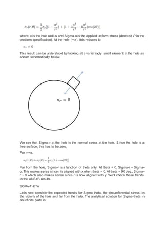 where a is the hole radius and Sigma-o is the applied uniform stress (denoted P in the
problem specification). At the hole (r=a), this reduces to
This result can be understood by looking at a vanishingly small element at the hole as
shown schematically below.
We see that Sigma-r at the hole is the normal stress at the hole. Since the hole is a
free surface, this has to be zero.
For r>>a,
Far from the hole, Sigma-r is a function of theta only. At theta = 0, Sigma-r ~ Sigma-
o. This makes sense since r is aligned with x when theta = 0. At theta = 90 deg., Sigma-
r ~ 0 which also makes sense since r is now aligned with y. We'll check these trends
in the ANSYS results.
SIGMA-THETA
Let's next consider the expected trends for Sigma-theta, the circumferential stress, in
the vicinity of the hole and far from the hole. The analytical solution for Sigma-theta in
an infinite plate is:
 
