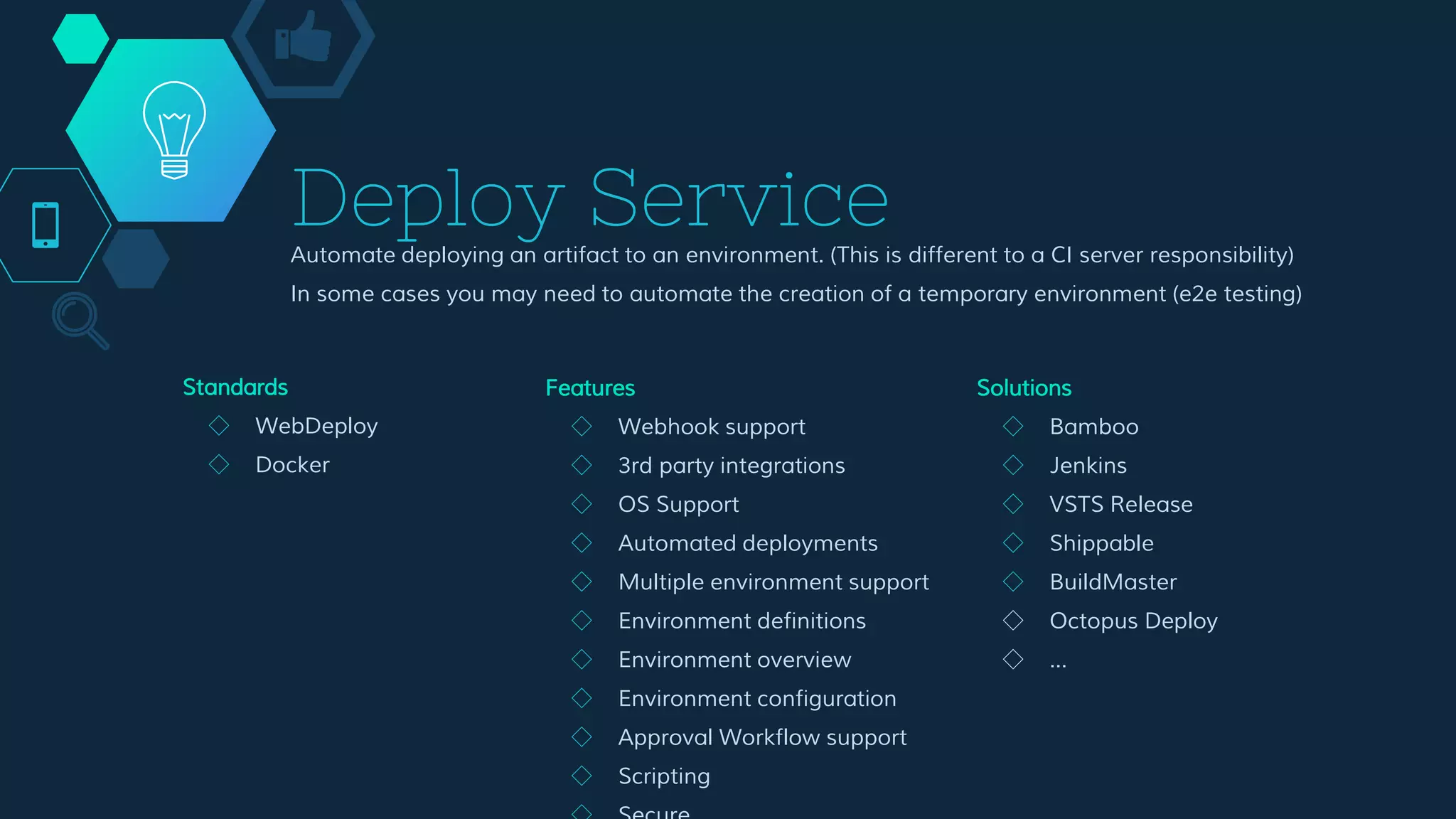 Deploy Service
Automate deploying an artifact to an environment. (This is different to a CI server responsibility)
In some cases you may need to automate the creation of a temporary environment (e2e testing)
Features
◇ Webhook support
◇ 3rd party integrations
◇ OS Support
◇ Automated deployments
◇ Multiple environment support
◇ Environment definitions
◇ Environment overview
◇ Environment configuration
◇ Approval Workflow support
◇ Scripting
◇ Secure
Solutions
◇ Bamboo
◇ Jenkins
◇ VSTS Release
◇ Shippable
◇ BuildMaster
◇ Octopus Deploy
◇ …
Standards
◇ WebDeploy
◇ Docker
 