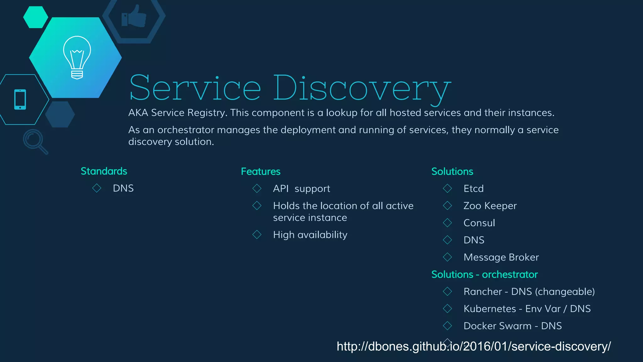 Service Discovery
AKA Service Registry. This component is a lookup for all hosted services and their instances.
As an orchestrator manages the deployment and running of services, they normally a service
discovery solution.
Features
◇ API support
◇ Holds the location of all active
service instance
◇ High availability
Solutions
◇ Etcd
◇ Zoo Keeper
◇ Consul
◇ DNS
◇ Message Broker
Solutions - orchestrator
◇ Rancher - DNS (changeable)
◇ Kubernetes - Env Var / DNS
◇ Docker Swarm - DNS
◇ …
Standards
◇ DNS
http://dbones.github.io/2016/01/service-discovery/
 