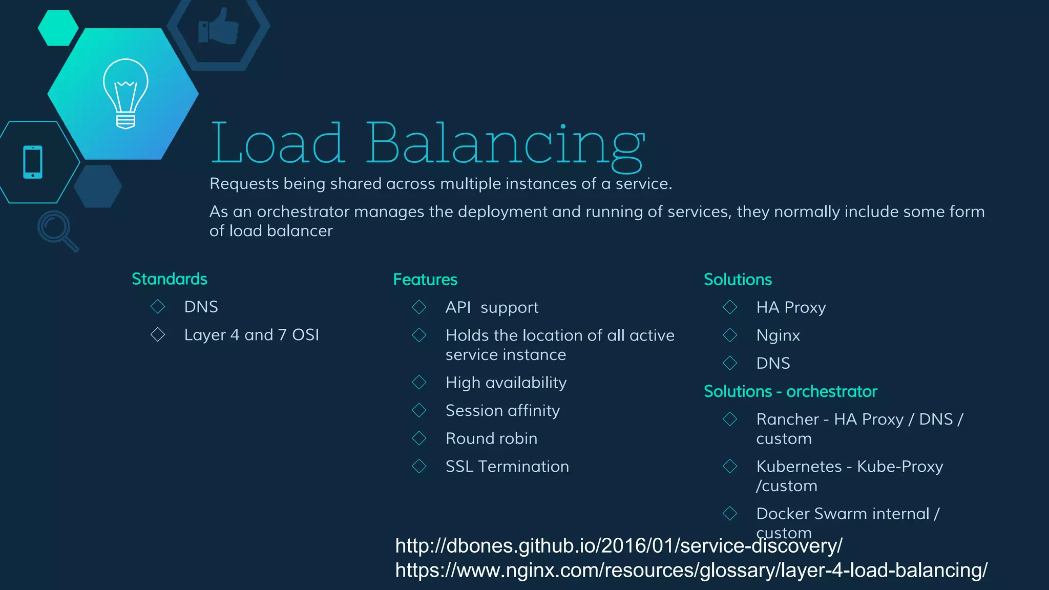Load Balancing
Requests being shared across multiple instances of a service.
As an orchestrator manages the deployment and running of services, they normally include some form
of load balancer
Features
◇ API support
◇ Holds the location of all active
service instance
◇ High availability
◇ Session affinity
◇ Round robin
◇ SSL Termination
Solutions
◇ HA Proxy
◇ Nginx
◇ DNS
Solutions - orchestrator
◇ Rancher - HA Proxy / DNS /
custom
◇ Kubernetes - Kube-Proxy
/custom
◇ Docker Swarm internal /
custom
Standards
◇ DNS
◇ Layer 4 and 7 OSI
http://dbones.github.io/2016/01/service-discovery/
https://www.nginx.com/resources/glossary/layer-4-load-balancing/
 