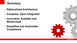 Summary

• Rationalized Architecture
• Complete, Open Integrated
• Innovative, Scalable and
  Modernized
• Simplified and Actionable
  Compliance
 