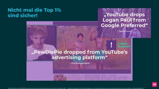 Nicht mal die Top 1%
sind sicher!
https://techcrunch.com/2018/01/10/youtube-drops-logan-paul-from-google-preferred-and-puts-his-originals-on-hold/ https://www.independent.co.uk/life-style/gadgets-and-tech/news/pewdiepie-youtube-google-preferred-ads-anti-semitic-death-to-all-jews-a7580206.html
„PewDiePie dropped from YouTube's
advertising platform“
– The Independent
„YouTube drops
Logan Paul from
Google Preferred“
– Techcrunch
Google
Preferred
 