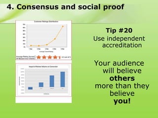 4. Consensus and social proof


                         Tip #20
                     Use independent
                       accreditation

                     Your audience
                       will believe
                         others
                     more than they
                         believe
                           you!
 