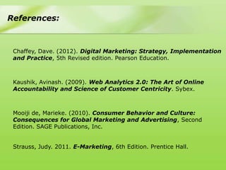 References:



 Chaffey, Dave. (2012). Digital Marketing: Strategy, Implementation
 and Practice, 5th Revised edition. Pearson Education.



 Kaushik, Avinash. (2009). Web Analytics 2.0: The Art of Online
 Accountability and Science of Customer Centricity. Sybex.



 Mooiji de, Marieke. (2010). Consumer Behavior and Culture:
 Consequences for Global Marketing and Advertising, Second
 Edition. SAGE Publications, Inc.


 Strauss, Judy. 2011. E-Marketing, 6th Edition. Prentice Hall.
 
