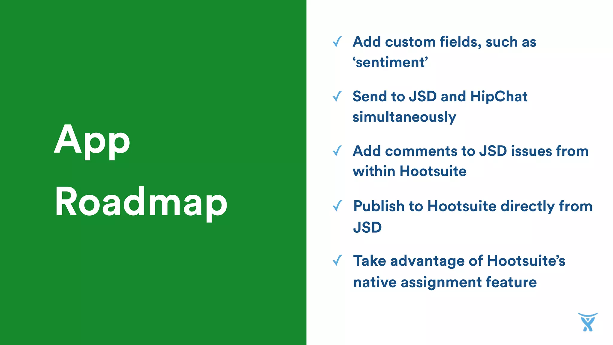 App
Roadmap
✓ Add custom fields, such as
‘sentiment’
✓ Publish to Hootsuite directly from
JSD
✓ Send to JSD and HipChat
simultaneously
✓ Take advantage of Hootsuite’s
native assignment feature
✓ Add comments to JSD issues from
within Hootsuite
 