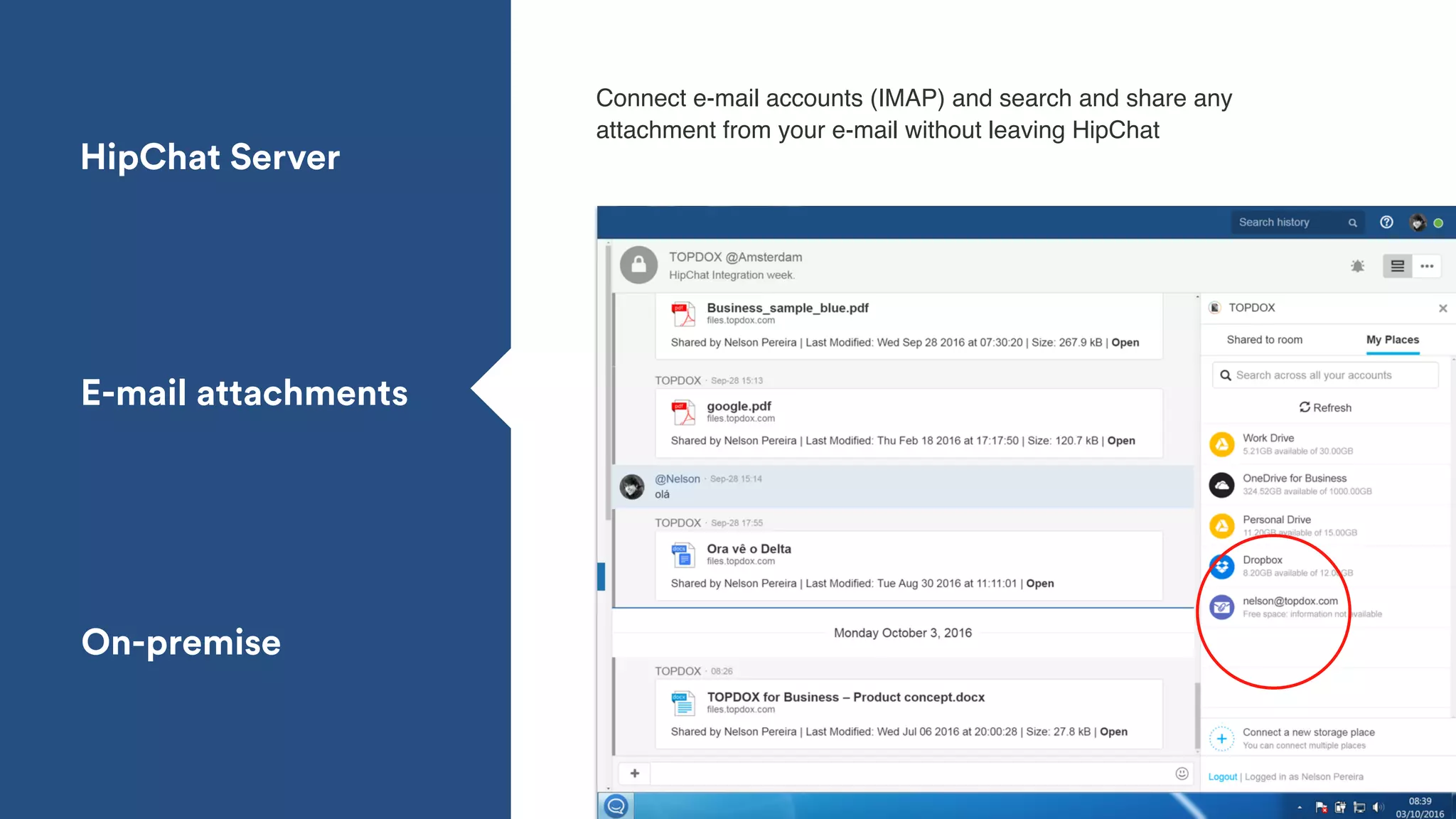 HipChat Server
E-mail attachments
On-premise
Connect e-mail accounts (IMAP) and search and share any
attachment from your e-mail without leaving HipChat
 