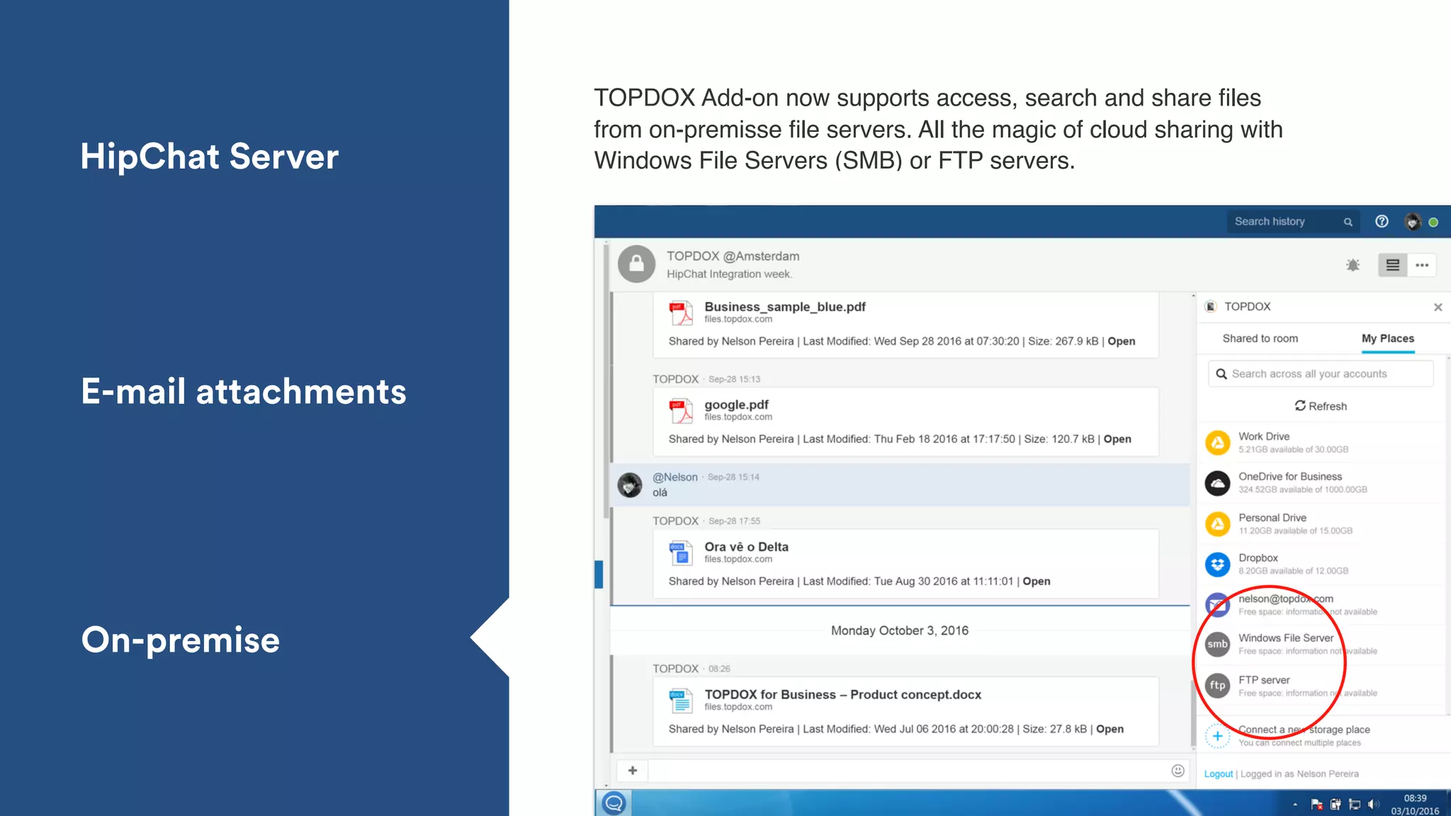 TOPDOX Add-on now supports access, search and share ﬁles
from on-premisse ﬁle servers. All the magic of cloud sharing with
Windows File Servers (SMB) or FTP servers.HipChat Server
E-mail attachments
On-premise
 