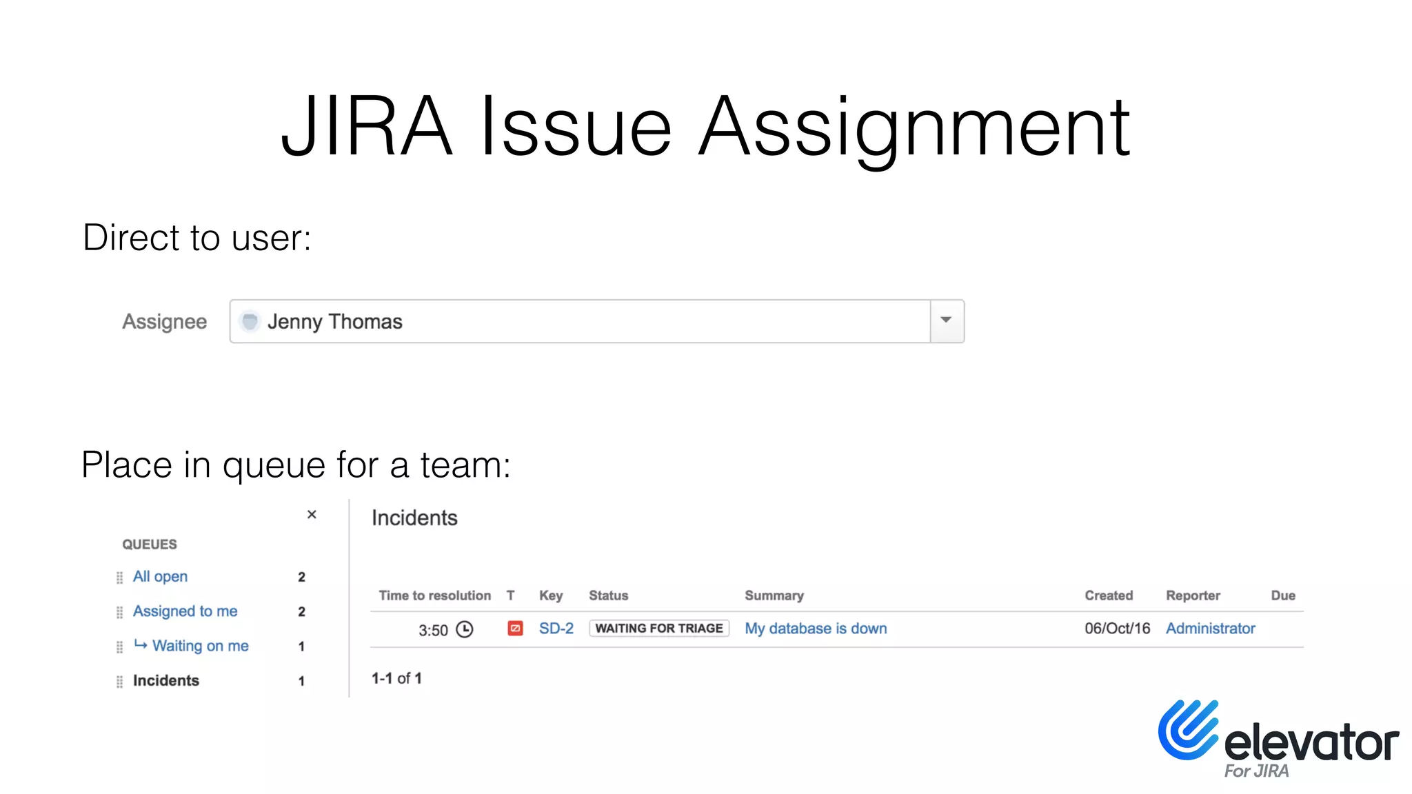 Direct to user:
Place in queue for a team:
JIRA Issue Assignment
 