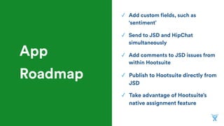 App
Roadmap
✓ Add custom fields, such as
‘sentiment’
✓ Publish to Hootsuite directly from
JSD
✓ Send to JSD and HipChat
simultaneously
✓ Take advantage of Hootsuite’s
native assignment feature
✓ Add comments to JSD issues from
within Hootsuite
 