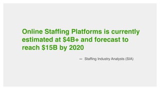 Online Staffing Platforms is currently
estimated at $4B+ and forecast to
reach $15B by 2020
 
— Staffing Industry Analysts (SIA)
 