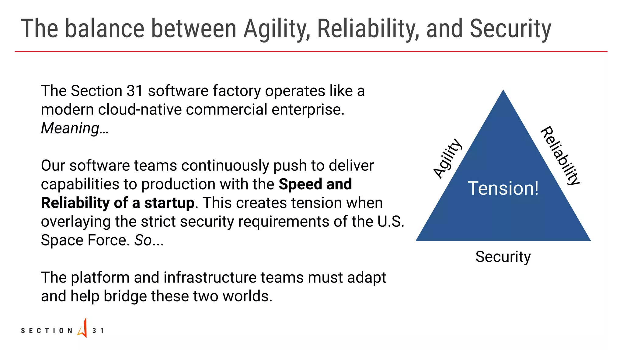 The Section 31 software factory operates like a
modern cloud-native commercial enterprise.
Meaning…
Our software teams continuously push to deliver
capabilities to production with the Speed and
Reliability of a startup. This creates tension when
overlaying the strict security requirements of the U.S.
Space Force. So...
The platform and infrastructure teams must adapt
and help bridge these two worlds.
The balance between Agility, Reliability, and Security
Security
R
e
l
i
a
b
i
l
i
t
y
A
g
i
l
i
t
y
Tension!
 