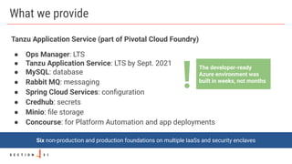 What we provide
Tanzu Application Service (part of Pivotal Cloud Foundry)
● Ops Manager: LTS
● Tanzu Application Service: ...