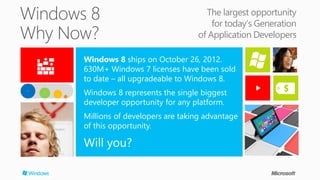 The largest opportunity
                                   for today’s Generation
                               of Application Developers

Windows 8 ships on October 26, 2012.
630M+ Windows 7 licenses have been sold
to date – all upgradeable to Windows 8.
Windows 8 represents the single biggest
developer opportunity for any platform.
Millions of developers are taking advantage
of this opportunity.

Will you?
 