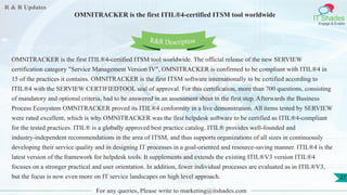 R & R Updates
IT Shades
Engage & Enable
OMNITRACKER is the first ITIL®4-certified ITSM tool worldwide
For any queries, Ple...