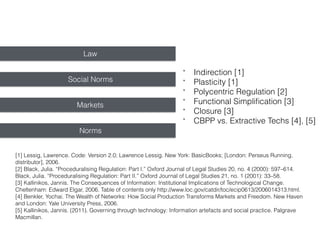 Law
Social Norms
Markets
Norms
* Indirection [1]
* Plasticity [1]
* Polycentric Regulation [2]
* Functional Simpliﬁcation [3]
* Closure [3]
* CBPP vs. Extractive Techs [4], [5]
[1] Lessig, Lawrence. Code : Version 2.0 ; Lawrence Lessig. New York: BasicBooks ; [London : Perseus Running,
distributor], 2006.
[2] Black, Julia. “Proceduralising Regulation: Part I.” Oxford Journal of Legal Studies 20, no. 4 (2000): 597–614.
Black, Julia. “Proceduralising Regulation: Part II.” Oxford Journal of Legal Studies 21, no. 1 (2001): 33–58.
[3] Kallinikos, Jannis. The Consequences of Information : Institutional Implications of Technological Change.
Cheltenham: Edward Elgar, 2006. Table of contents only http://www.loc.gov/catdir/toc/ecip0613/2006014313.html.
[4] Benkler, Yochai. The Wealth of Networks: How Social Production Transforms Markets and Freedom. New Haven
and London: Yale University Press, 2006.
[5] Kallinikos, Jannis. (2011). Governing through technology: Information artefacts and social practice. Palgrave
Macmillan.
 