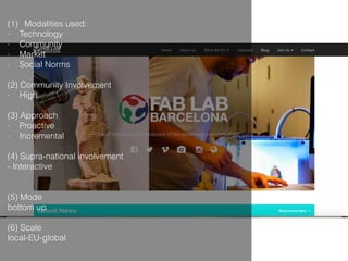 (1) Modalities used:
- Technology
- Community
- Market
- Social Norms
(2) Community Involvement
- High
(3) Approach
- Proactive
- Incremental
(4) Supra-national involvement
- Interactive
(5) Mode
bottom up
(6) Scale
local-EU-global
 