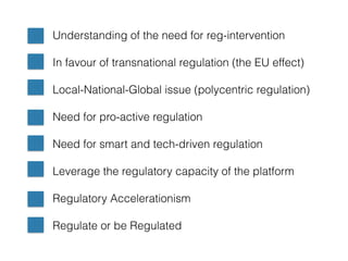 Understanding of the need for reg-intervention
In favour of transnational regulation (the EU effect)
Local-National-Global issue (polycentric regulation)
Need for pro-active regulation
Need for smart and tech-driven regulation
Leverage the regulatory capacity of the platform
Regulatory Accelerationism
Regulate or be Regulated
 
