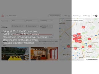 * August 2015: the 90 days rule
* 4 fold increase of AirBnB leases
* Increase in incoming tourism, decrease
of tax income for the government
* classic regulatory response
 