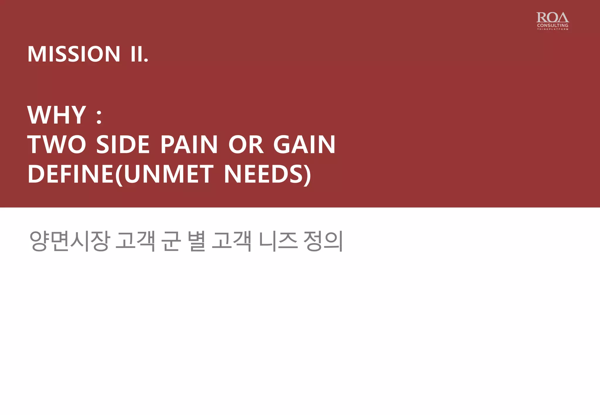 MISSION II.
WHY :
TWO SIDE PAIN OR GAIN
DEFINE(UNMET NEEDS)
양면시장 고객 군 별 고객 니즈 정의
 