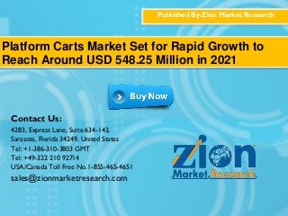 Published By:Zion Market Research
Platform Carts Market Set for Rapid Growth to
Reach Around USD 548.25 Million in 2021
Contact Us:
4283, Express Lane, Suite 634-143,
Sarasota, Florida 34249, United States
Tel: +1-386-310-3803 GMT
Tel: +49-322 210 92714
USA/Canada Toll Free No.1-855-465-4651
sales@zionmarketresearch.com
 