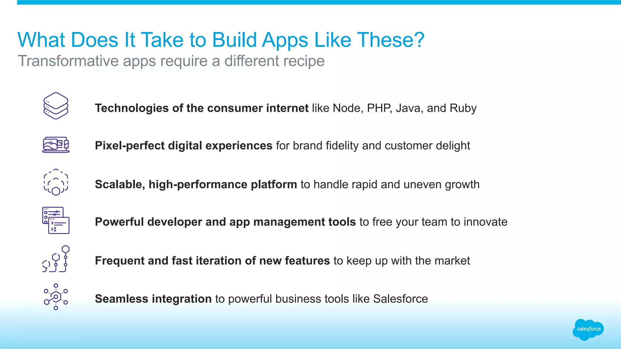 Transformative apps require a different recipe
What Does It Take to Build Apps Like These?
Technologies of the consumer internet like Node, PHP, Java, and Ruby
Pixel-perfect digital experiences for brand fidelity and customer delight
Powerful developer and app management tools to free your team to innovate
Frequent and fast iteration of new features to keep up with the market
Seamless integration to powerful business tools like Salesforce
Scalable, high-performance platform to handle rapid and uneven growth
 