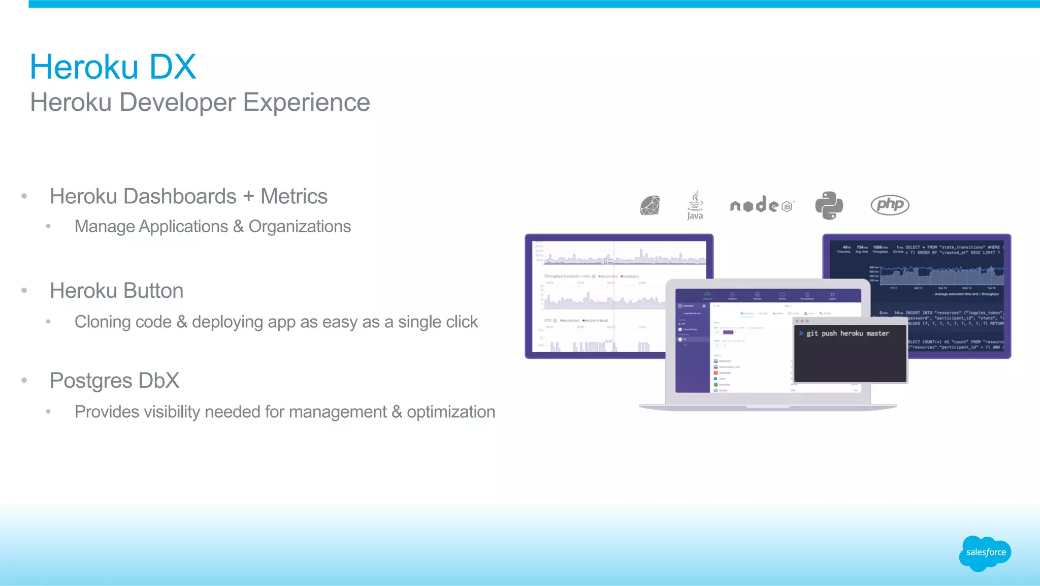 •  Heroku Dashboards + Metrics
•  Manage Applications & Organizations
•  Heroku Button
•  Cloning code & deploying app as easy as a single click
•  Postgres DbX
•  Provides visibility needed for management & optimization
Heroku DX
​ Heroku Developer Experience
 