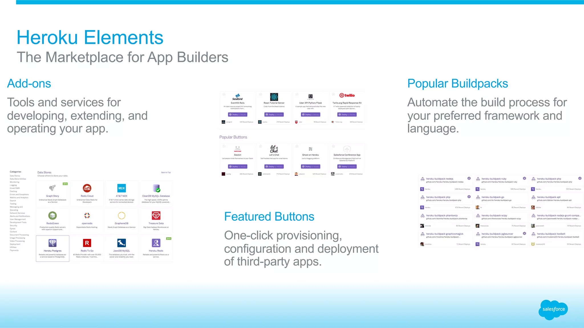 ​ Add-ons
​ Tools and services for
developing, extending, and
operating your app.
​ Featured Buttons
​ One-click provisioning,
configuration and deployment
of third-party apps.
​ Popular Buildpacks
​ Automate the build process for
your preferred framework and
language.
​ The Marketplace for App Builders
Heroku Elements
 