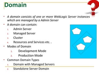 Domain
• A domain consists of one or more WebLogic Server instances
which are managed by a Admin Server
• A domain can contain:
1. Admin Server
2. Managed Server
3. Cluster
4. Resources and Services etc. .
• Modes of Domain
1. Development Mode
2. Production Mode
• Common Domain Types
1. Domain with Managed Servers
2. Standalone Server Domain
 