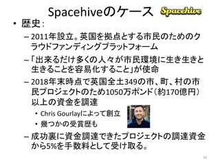 Spacehiveのケース
• 歴史：
– 2011年設立。英国を拠点とする市民のためのク
ラウドファンディングプラットフォーム
– 「出来るだけ多くの人々が市民環境に生き生きと
生きることを容易化すること」が使命
– 2018年末時点で英国全土349の市、町、村の市
民プロジェクトのため1050万ポンド（約170億円）
以上の資金を調達
• Chris Gourlayによって創立
• 幾つかの受賞歴も
– 成功裏に資金調達できたプロジェクトの調達資金
から5%を手数料として受け取る。
34
 