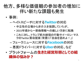 他方、多様な価値観の参加者の増加に
伴い新たな課題も発生
• 事例：
– ヘイトスピーチに対するTwitterの対応
• 中立性の立場から非介入を強調していたが、
• 2015年頃から一部偽情報への厳しい方針に転換
• これに対し、トランプ前大統領の行動やイーロン・マス
クのTwitter買収提案（背景に「自由を認めよ！」）
– フェークニュースに対するFacebookの対応
– 悪質ドライバーに対するUberの対応、など
• プラットフォームの生きた経営形態としての組
織体の悩みか？
5
 
