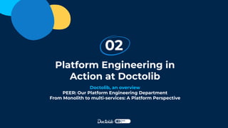 Platform Engineering in
Action at Doctolib
02
Doctolib, an overview
PEER: Our Platform Engineering Department
From Monolith to multi-services: A Platform Perspective
 