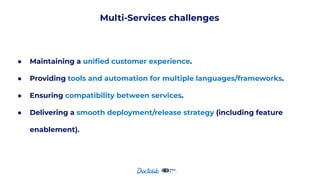 Multi-Services challenges
● Maintaining a uniﬁed customer experience.
● Providing tools and automation for multiple languages/frameworks.
● Ensuring compatibility between services.
● Delivering a smooth deployment/release strategy (including feature
enablement).
 