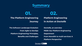 Summary
01.
The Platform Engineering
Journey
The Software Landscape Evolution
From Agile to DevOps
Platform Engineering: Principles,
Beneﬁts and Challenges
Platform Engineering
in Action at Doctolib
Doctolib, an overview
PEER: Our Platform Engineering
Department
From Monolith to multi-services: A
Platform Perspective
02.
 