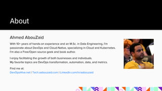 About
Ahmed AbouZaid
With 10+ years of hands-on experience and an M.Sc. in Data Engineering, I’m
passionate about DevOps and Cloud-Native, specializing in Cloud and Kubernetes.
I’m also a Free/Open source geek and book author.
I enjoy facilitating the growth of both businesses and individuals.
My favorite topics are DevOps transformation, automation, data, and metrics.
Find me at:
DevOpsHive.net | Tech.aabouzaid.com | LinkedIn.com/in/aabouzaid
 