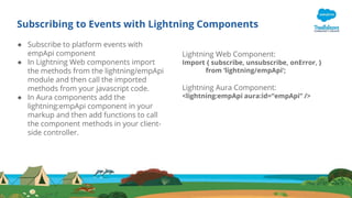 Subscribing to Events with Lightning Components
● Subscribe to platform events with
empApi component
● In Lightning Web components import
the methods from the lightning/empApi
module and then call the imported
methods from your javascript code.
● In Aura components add the
lightning:empApi component in your
markup and then add functions to call
the component methods in your client-
side controller.
Lightning Web Component:
Import { subscribe, unsubscribe, onError, }
from ‘lightning/empApi’;
Lightning Aura Component:
<lightning:empApi aura:id=“empApi” />
 