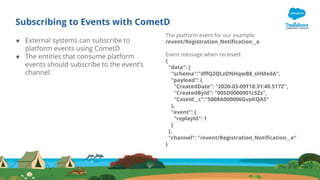Subscribing to Events with CometD
● External systems can subscribe to
platform events using CometD
● The entities that consume platform
events should subscribe to the event’s
channel.
The platform event for our example:
/event/Registration_Notification__e
Event message when received:
{
"data": {
"schema":"dffQ2QLzDNHqwB8_sHMxdA",
"payload": {
"CreatedDate": "2020-03-09T18:31:40.517Z",
"CreatedById": "005D0000001cSZs",
"CaseId__c":"5008A000006GvpKQAS"
},
"event": {
"replayId": 1
}
},
"channel": "/event/Registration_Notification__e“
}
 