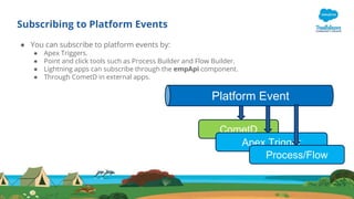 Subscribing to Platform Events
● You can subscribe to platform events by:
● Apex Triggers.
● Point and click tools such as Process Builder and Flow Builder.
● Lightning apps can subscribe through the empApi component.
● Through CometD in external apps.
Platform Event
CometD
Apex Trigger
Process/Flow
 
