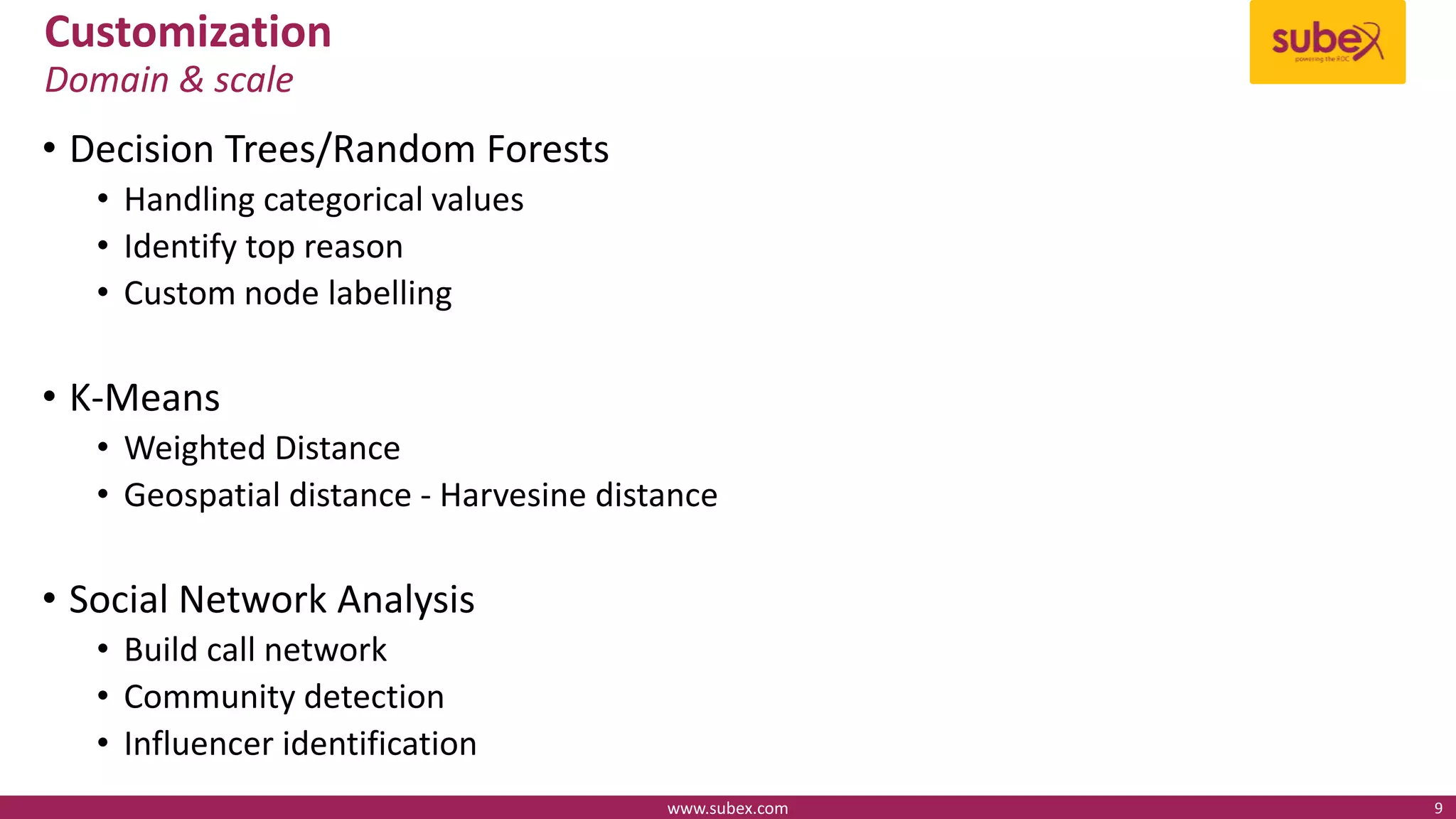 Customization
• Decision Trees/Random Forests
• Handling categorical values
• Identify top reason
• Custom node labelling
• K-Means
• Weighted Distance
• Geospatial distance - Harvesine distance
• Social Network Analysis
• Build call network
• Community detection
• Influencer identification
Domain & scale
www.subex.com 9
 