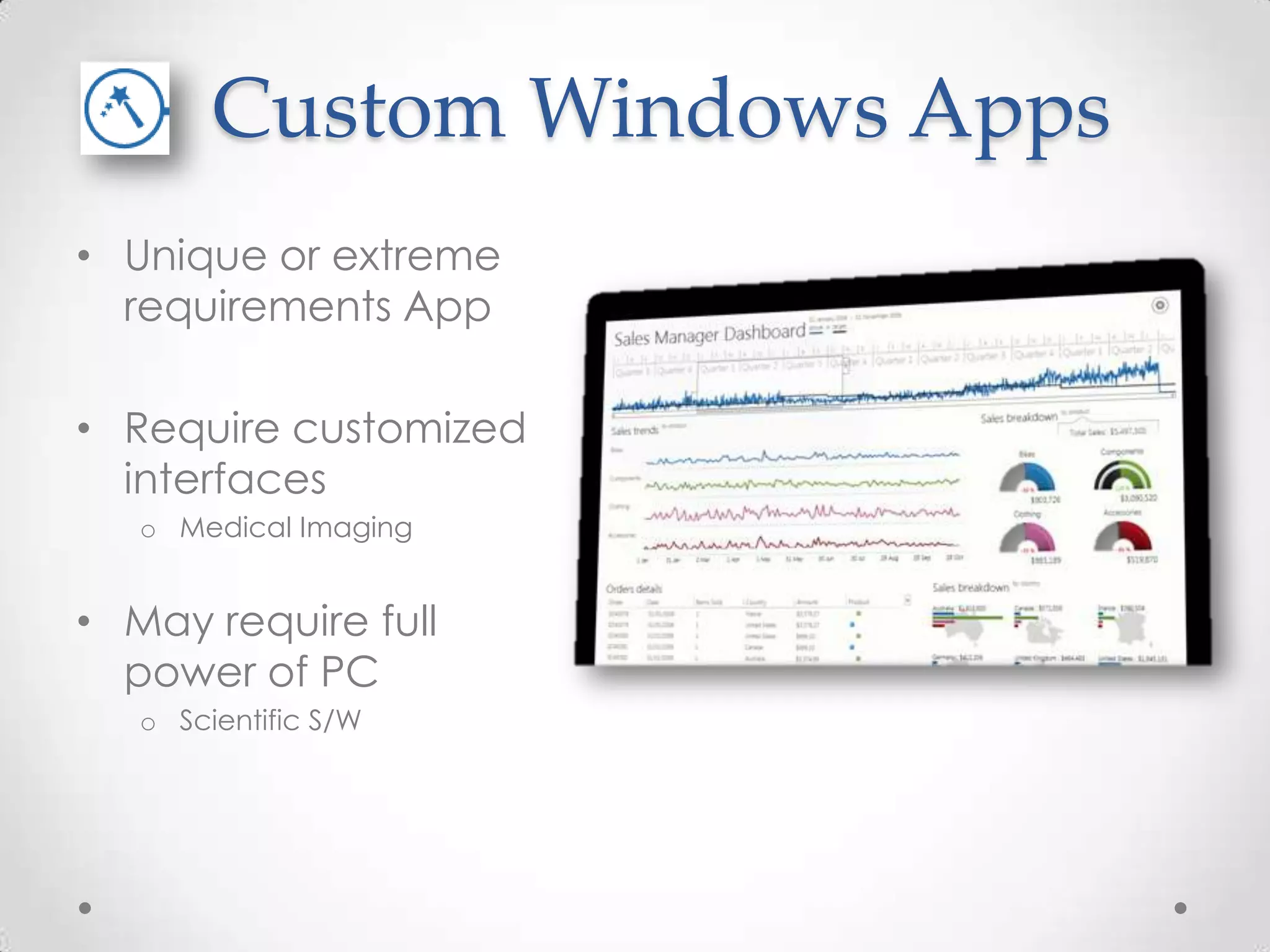 Custom Windows Apps • Unique or extreme requirements App • Require customized interfaces o Medical Imaging • May require full power of PC o Scientific S/W 