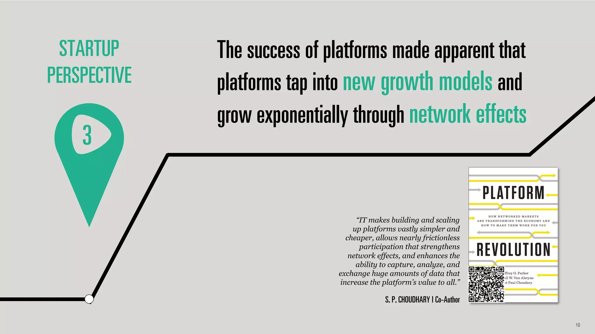10
“IT makes building and scaling
up platforms vastly simpler and
cheaper, allows nearly frictionless
participation that strengthens
network effects, and enhances the
ability to capture, analyze, and
exchange huge amounts of data that
increase the platform’s value to all.”
S. P. CHOUDHARY | Co-Author
STARTUP
PERSPECTIVE
The success of platforms made apparent that
platforms tap into new growth models and
grow exponentially through network effects
3
 