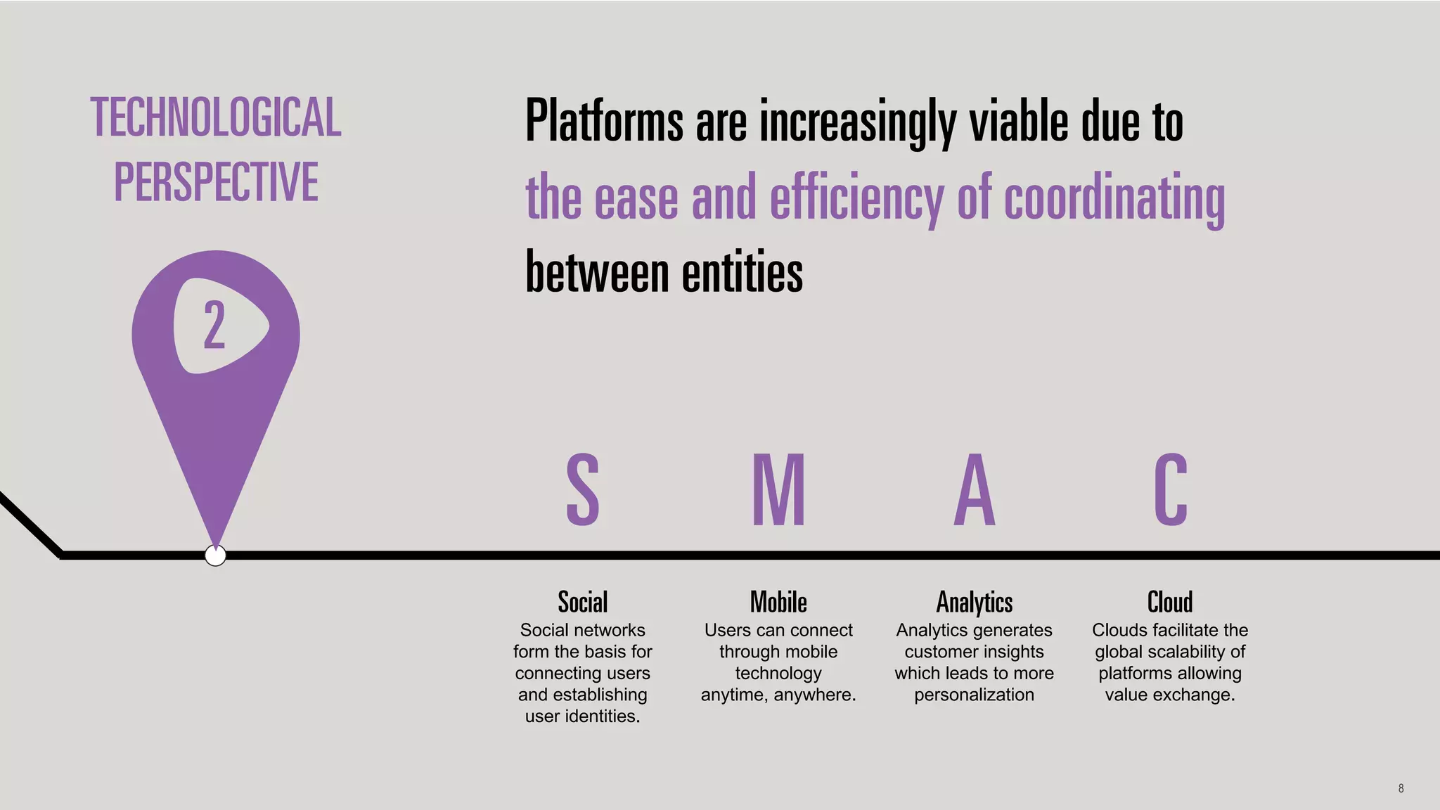 8
S
Social
Social networks
form the basis for
connecting users
and establishing
user identities.
M
Mobile
Users can connect
through mobile
technology
anytime, anywhere.
A
Analytics
Analytics generates
customer insights
which leads to more
personalization
C
Cloud
Clouds facilitate the
global scalability of
platforms allowing
value exchange.
TECHNOLOGICAL
PERSPECTIVE
Platforms are increasingly viable due to
the ease and efficiency of coordinating
between entities
2
 