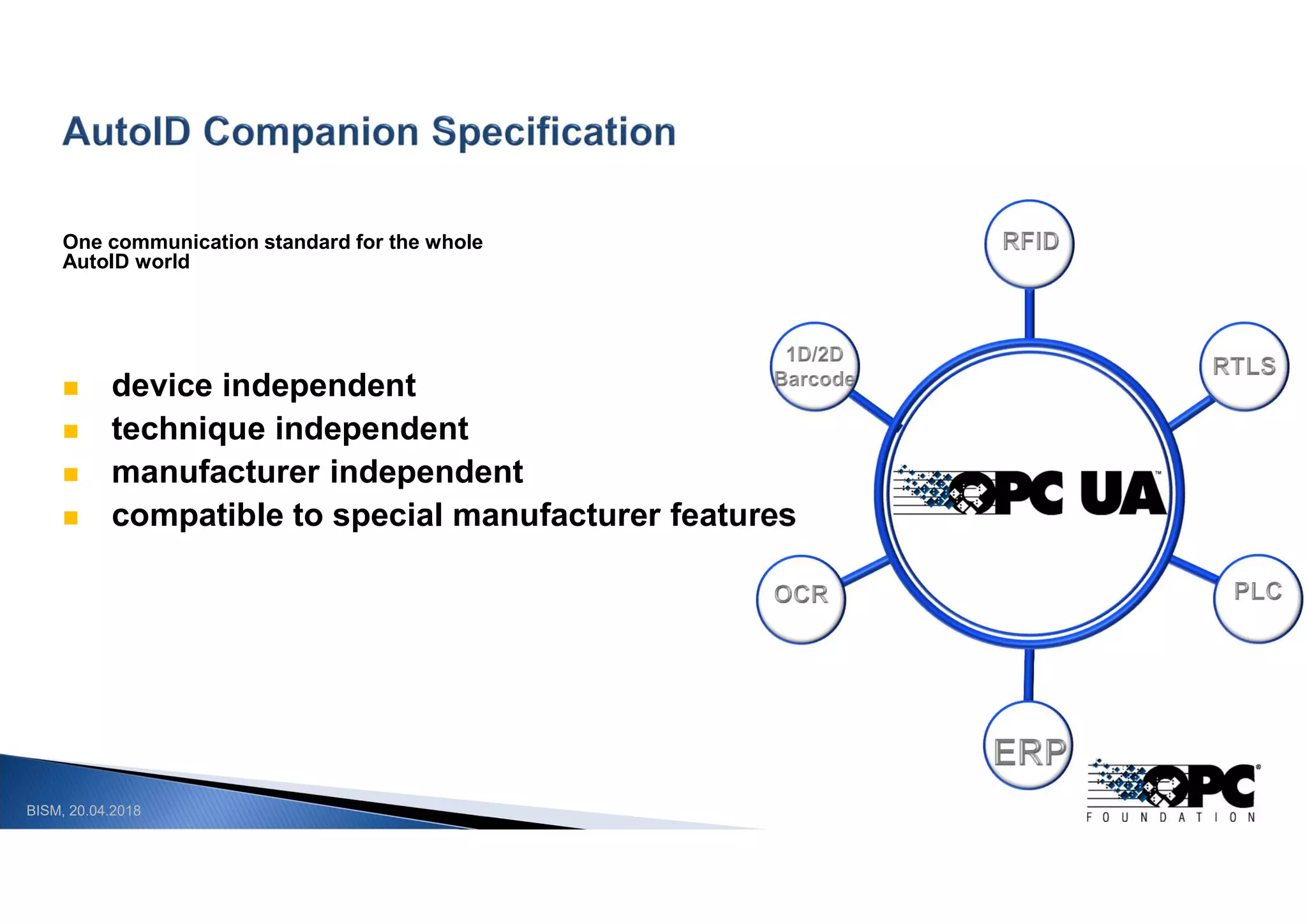 BISM, 20.04.2018
One communication standard for the whole
AutoID world
 device independent
 technique independent
 manufacturer independent
 compatible to special manufacturer features
 